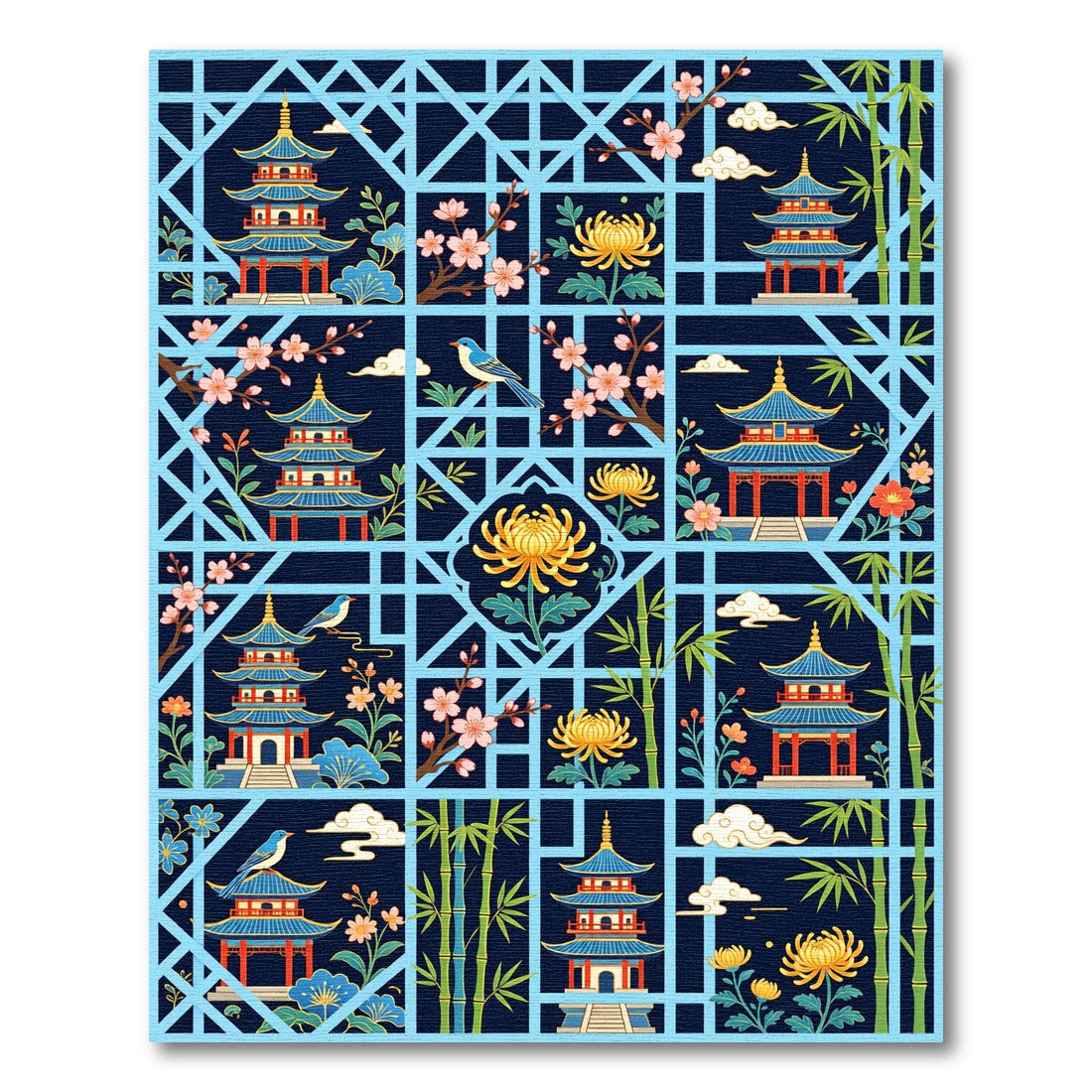 Blue Pagoda Blossom Bamboo Garden Rug