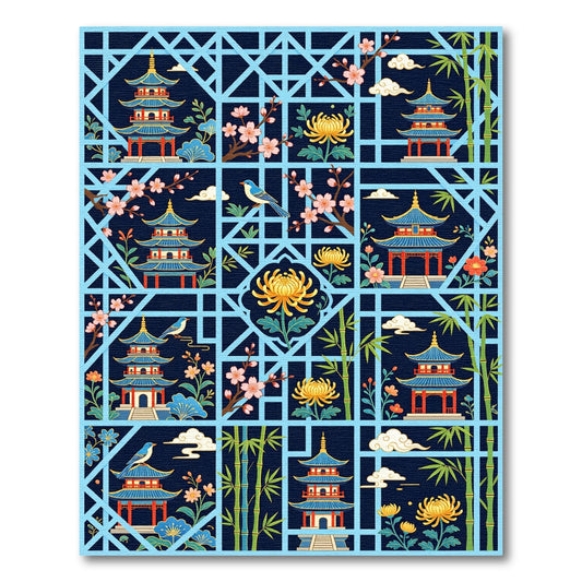 Blue Pagoda Blossom Bamboo Garden Rug