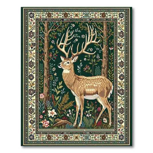 Emerald Forest Stag Floral Border Rug