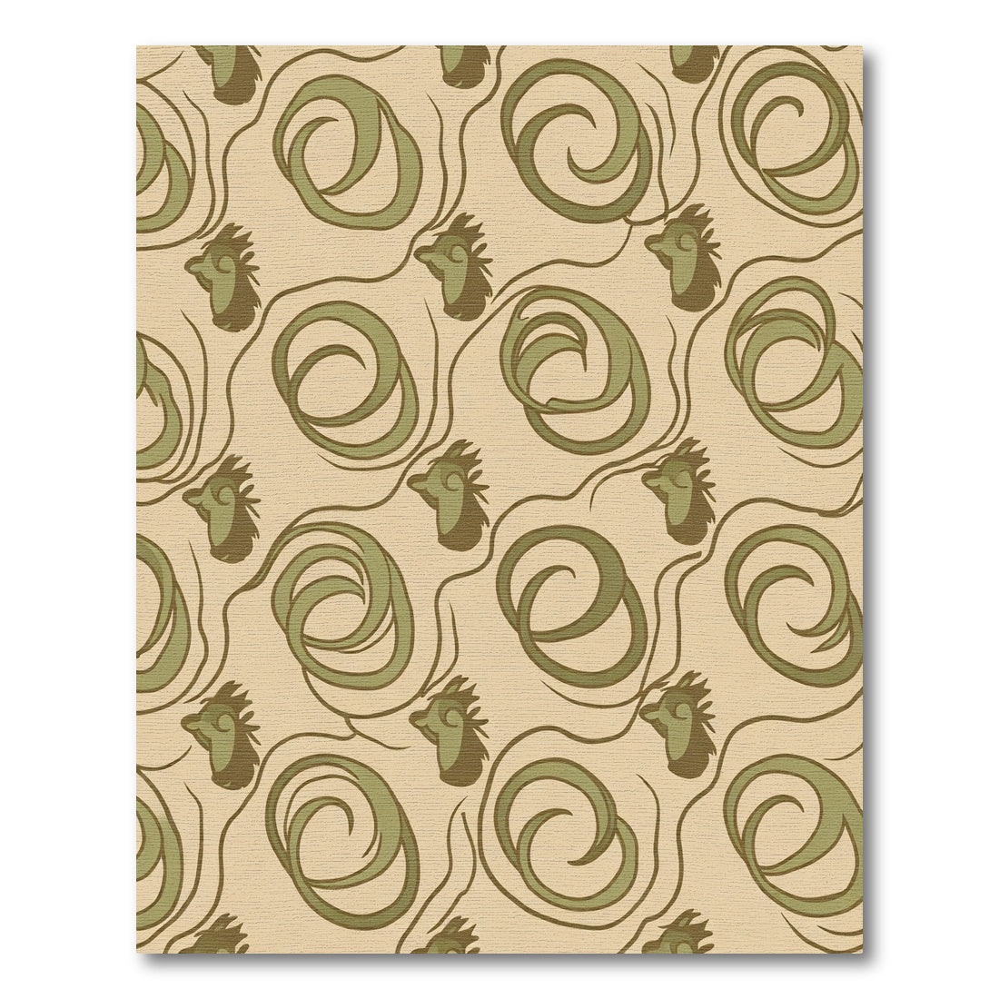 Olive Green Rooster Swirl Art Nouveau Rug