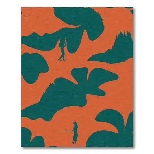Whimsical Orange Teal Figures Landscape Rug