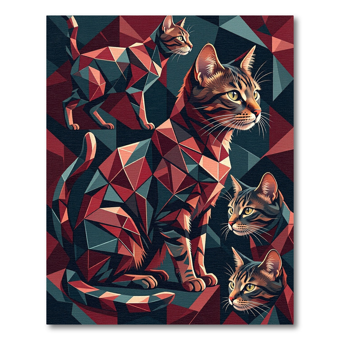 Geometric Tabby Cats Red Teal Collage Rug