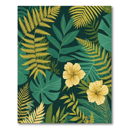 Tropical Lush Green Fern Hibiscus Rug