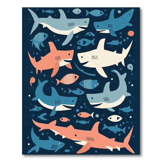 Coral Blue Shark School Collage Rug