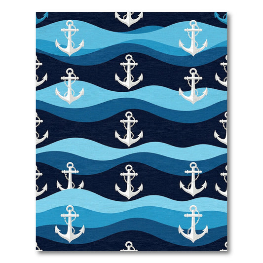 White Anchors on Navy Blue Waves Rug