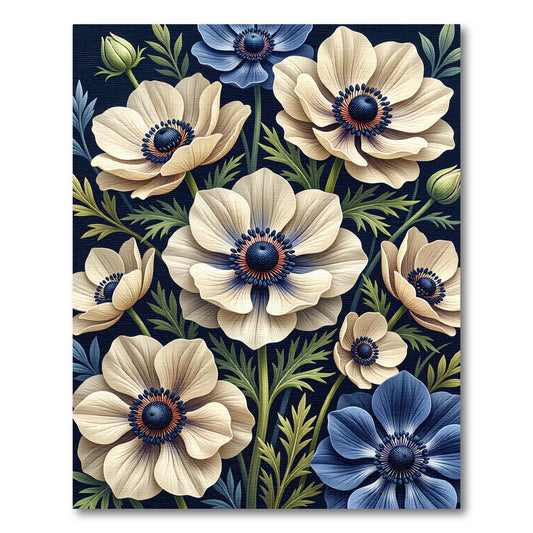 Elegant Cream Anemone Floral Navy Backdrop Rug
