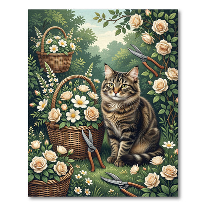 Whimsical Tabby Cat Cream Rose Garden Rug