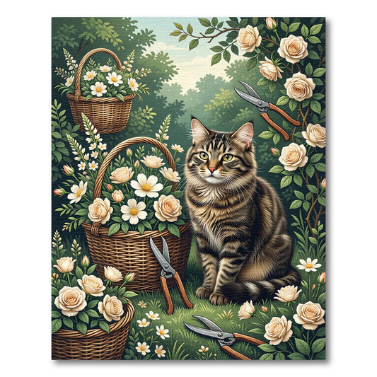 Whimsical Tabby Cat Cream Rose Garden Rug