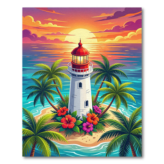 Tropical Sunset Lighthouse with Palm Trees Rug