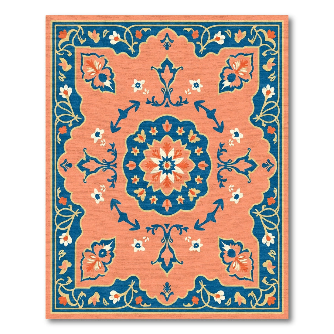Coral and Navy Floral Garden Medallion Rug