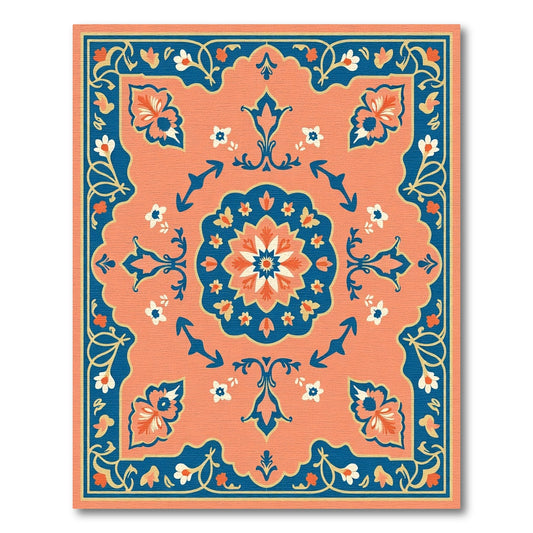 Coral and Navy Floral Garden Medallion Rug