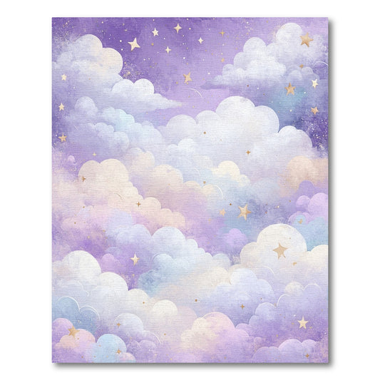 Dreamy Purple Clouds Golden Stars Rug
