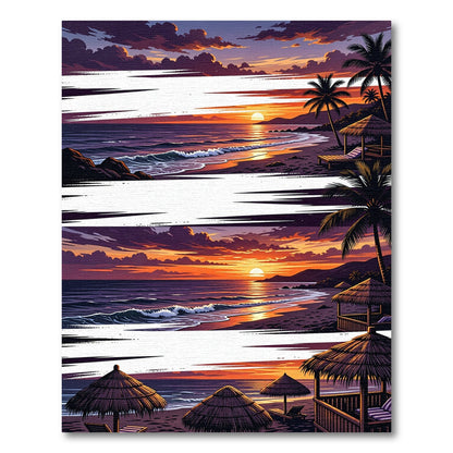 Sunset Tropical Beach Palm Trees Huts Rug