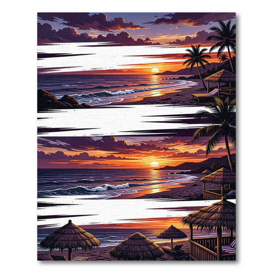 Sunset Tropical Beach Palm Trees Huts Rug
