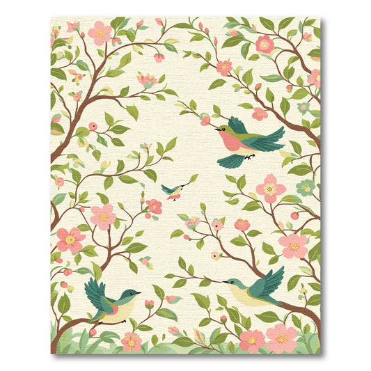 Pink Blossom Birds Garden Scene Rug