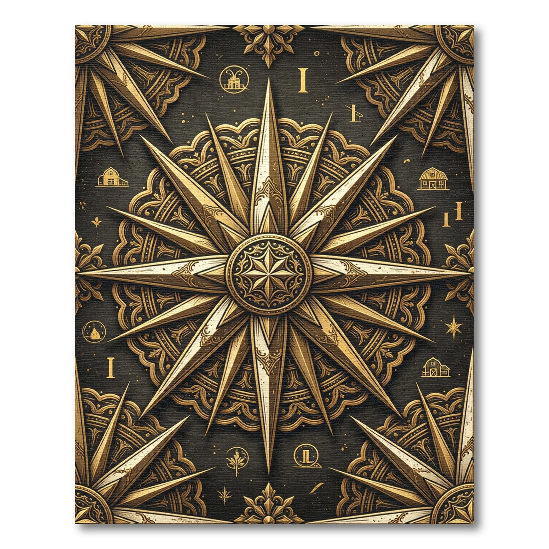 Ornate Gold Compass Rose Medallion Rug