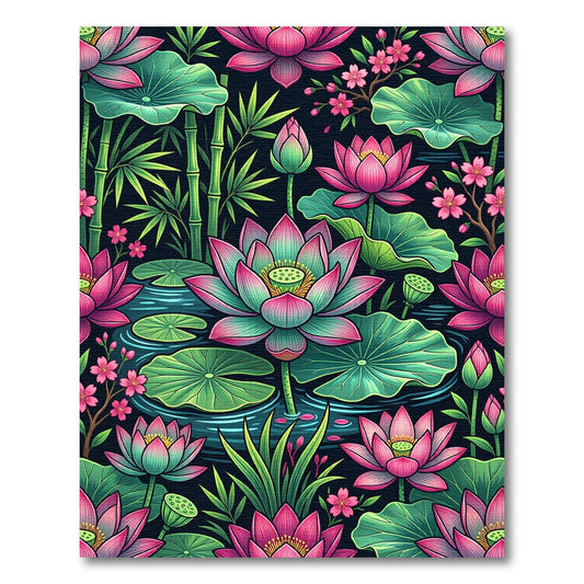 Vibrant Pink Lotus Bamboo Floral Pond Rug