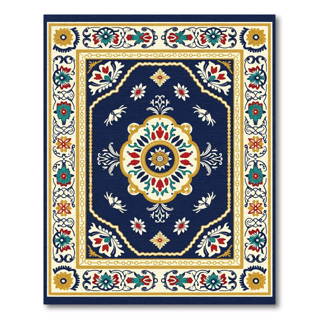 Navy Red Floral Medallion Sunburst Rug