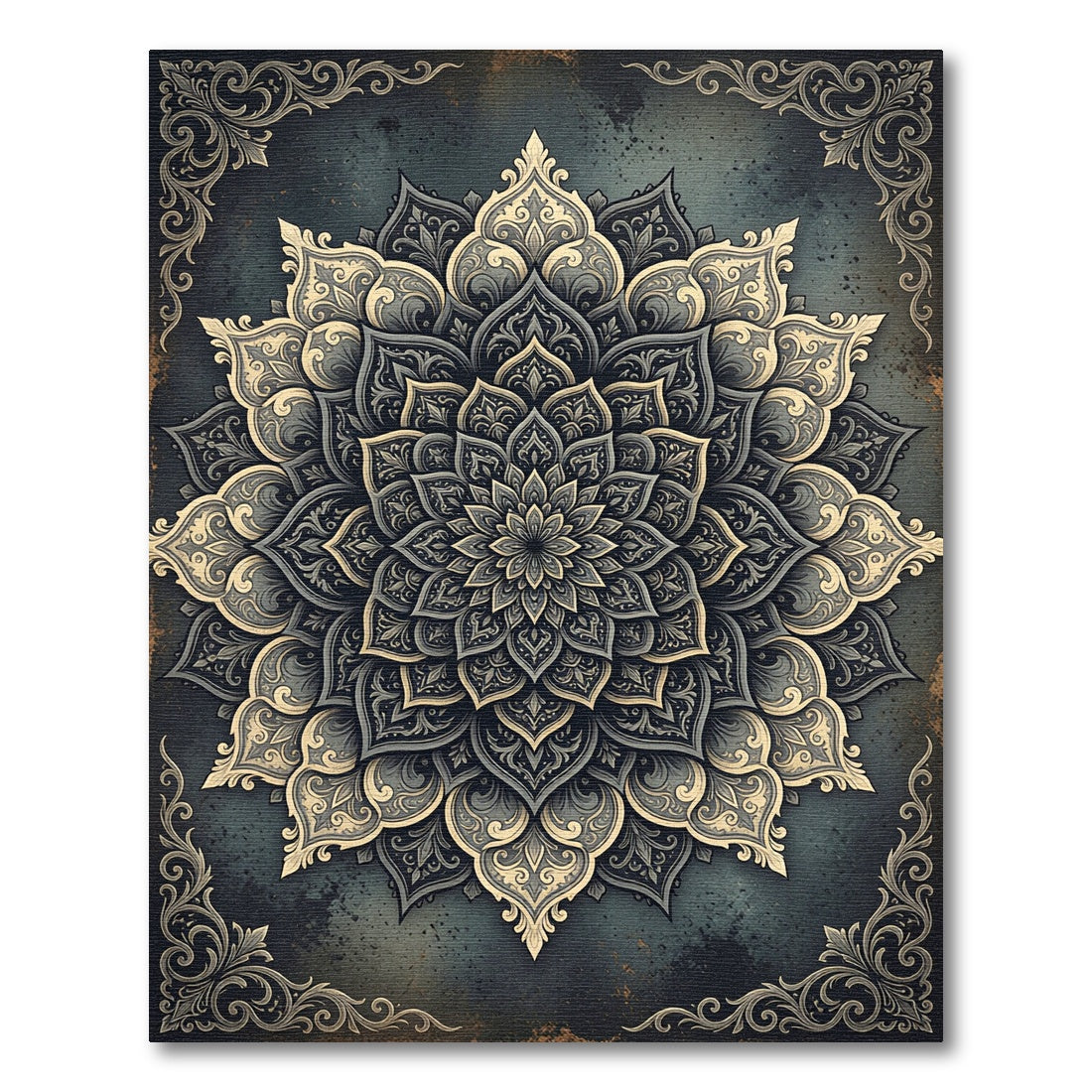 Ornate Charcoal Gold Floral Medallion Rug