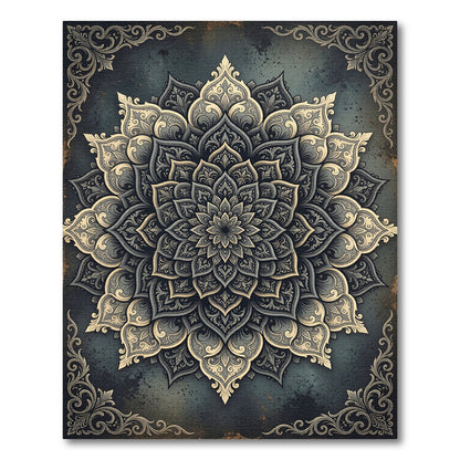 Ornate Charcoal Gold Floral Medallion Rug