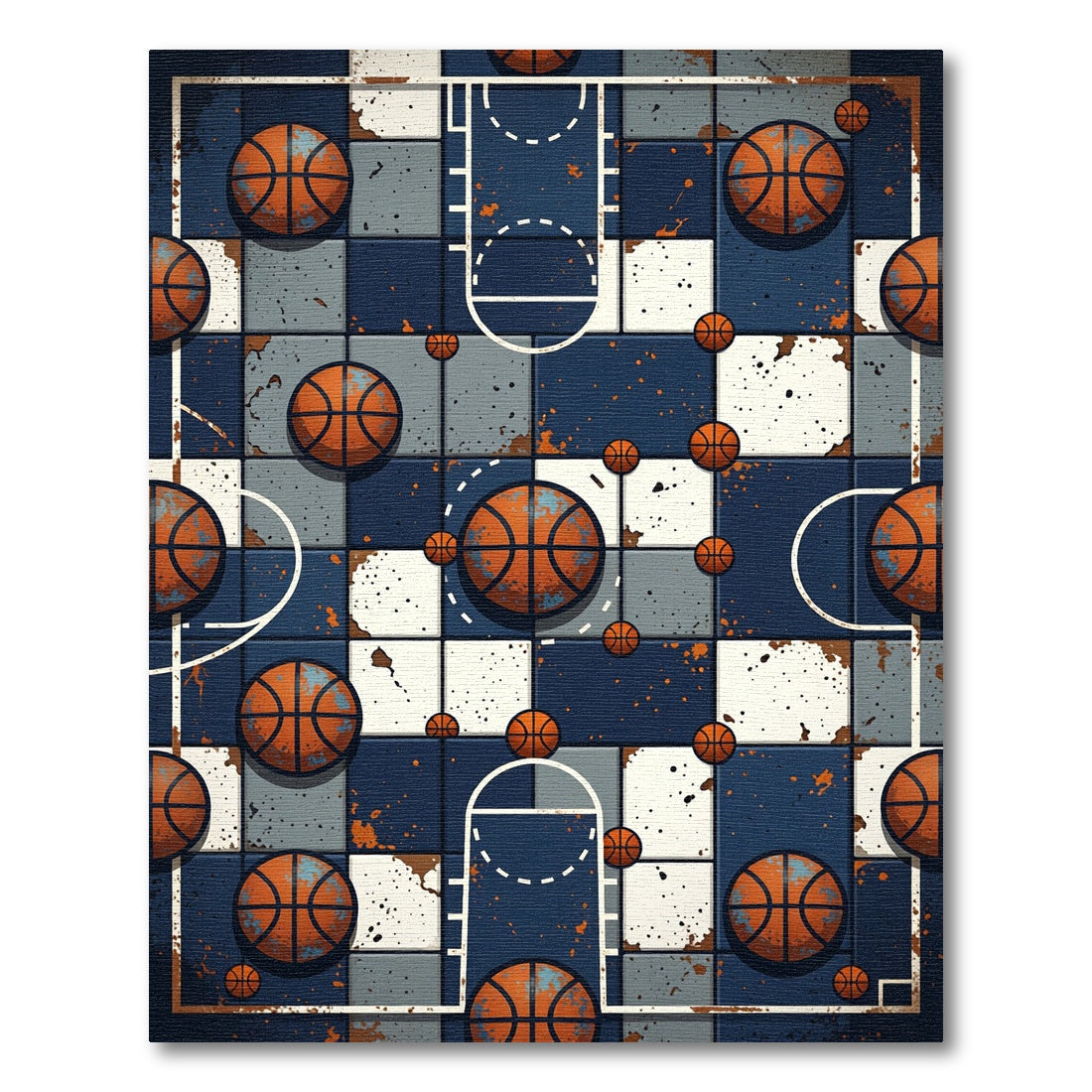 Distressed Blue Basketball Grid Sport Art Rug