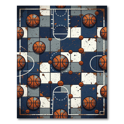 Distressed Blue Basketball Grid Sport Art Rug