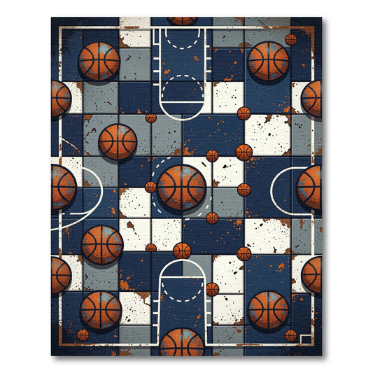 Distressed Blue Basketball Grid Sport Art Rug