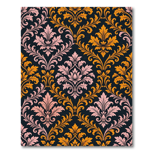Elegant Ornate Pink and Golden Damask Rug