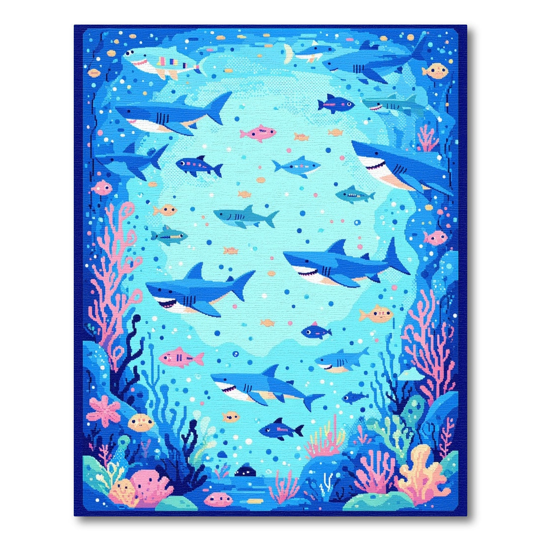 Vibrant Blue Sharks Coral Fish Rug