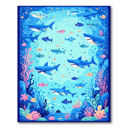 Vibrant Blue Sharks Coral Fish Rug