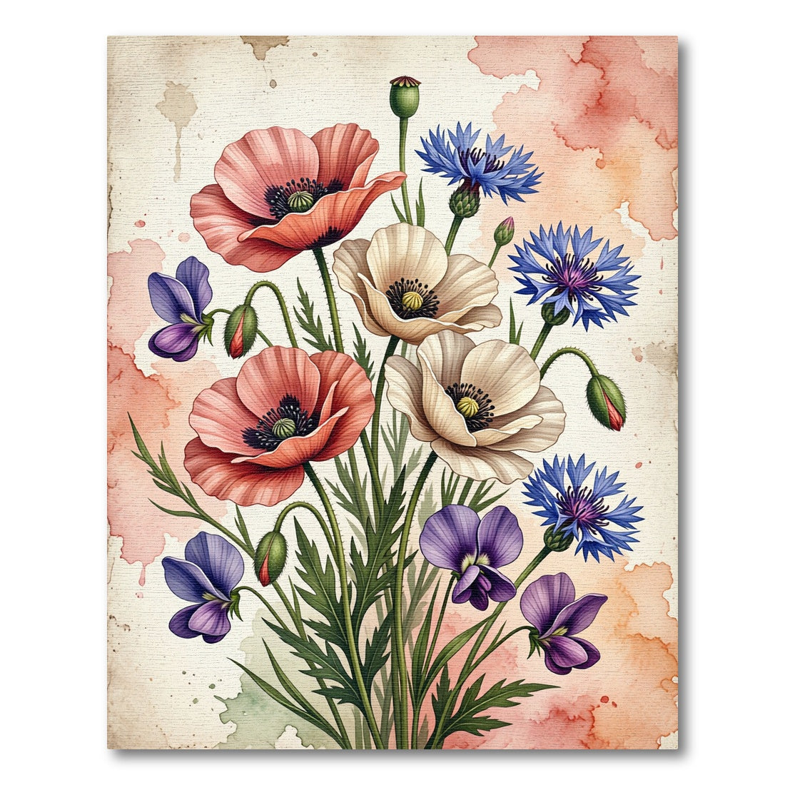 Watercolour Poppy and Cornflower Bouquet Rug