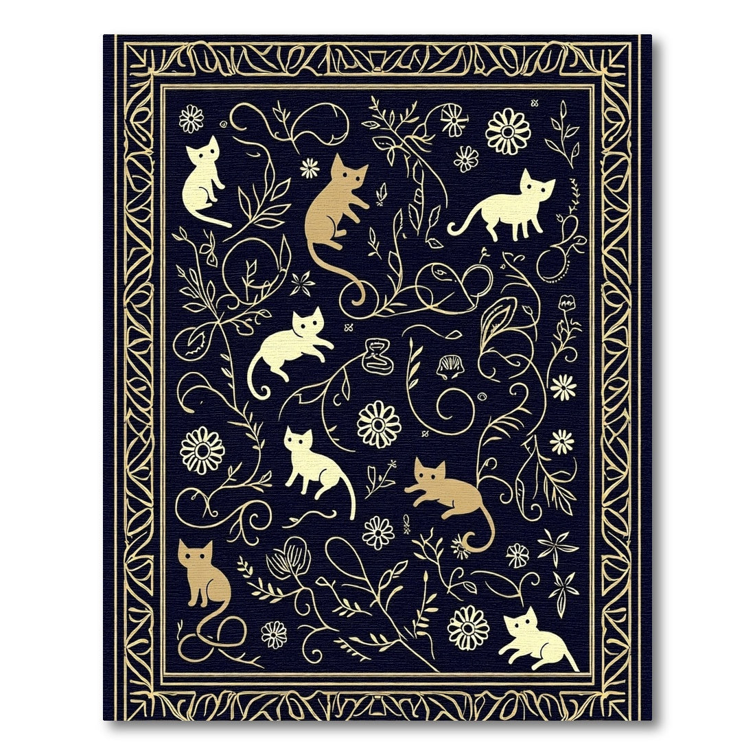 Golden Cats with Floral Scrollwork Rug