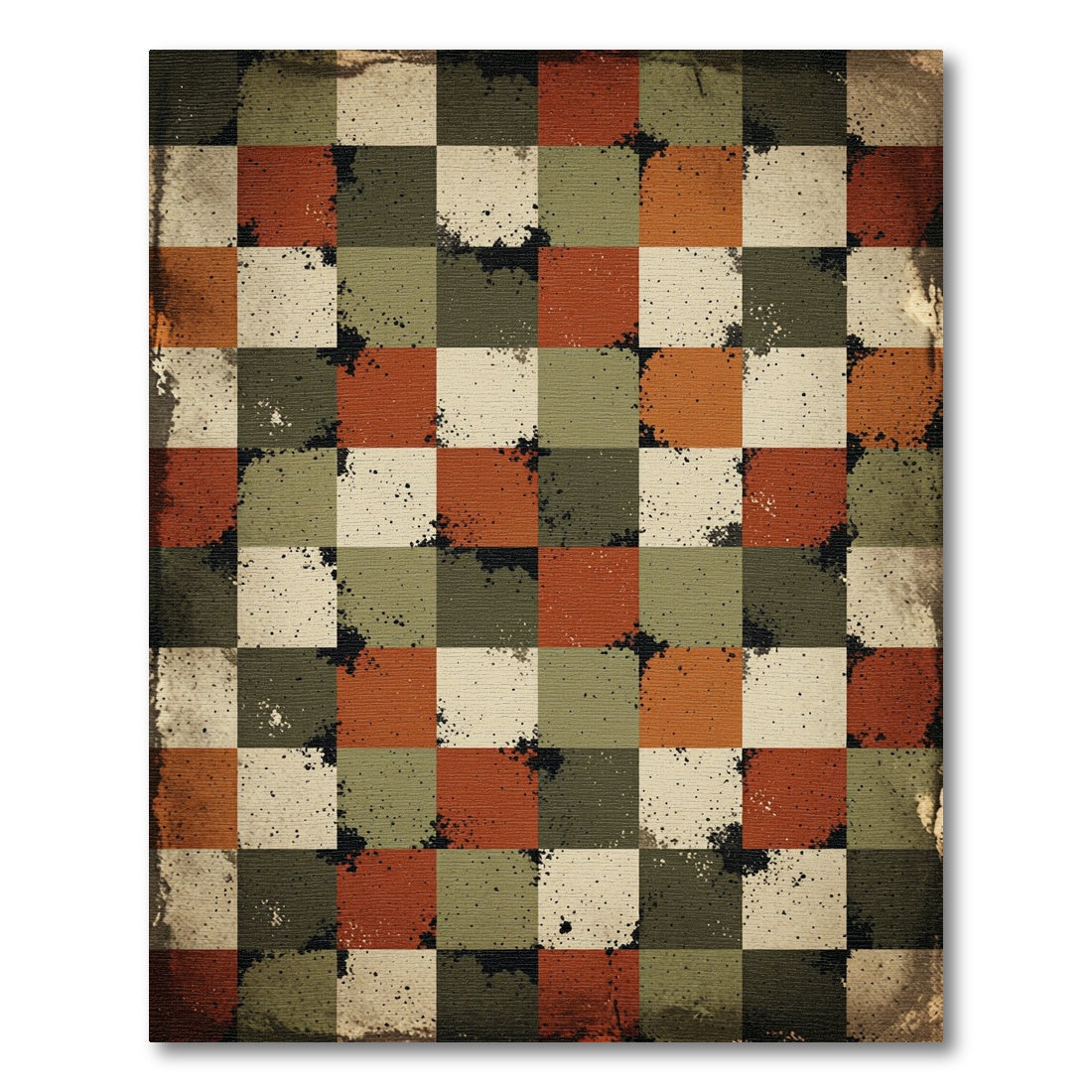 Vintage Distressed Earthy Checkered Square Grid Rug