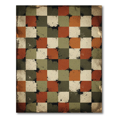 Vintage Distressed Earthy Checkered Square Grid Rug