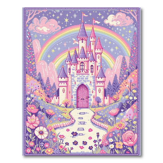 Whimsical Purple Castle Rainbow Rug