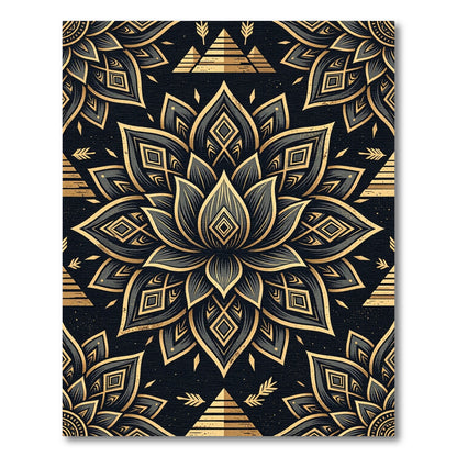 Ornate Gold Lotus Black Geometric Mandala Rug