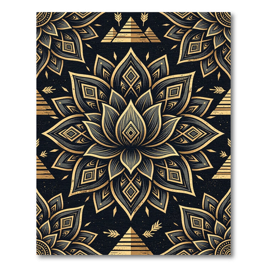 Ornate Gold Lotus Black Geometric Mandala Rug