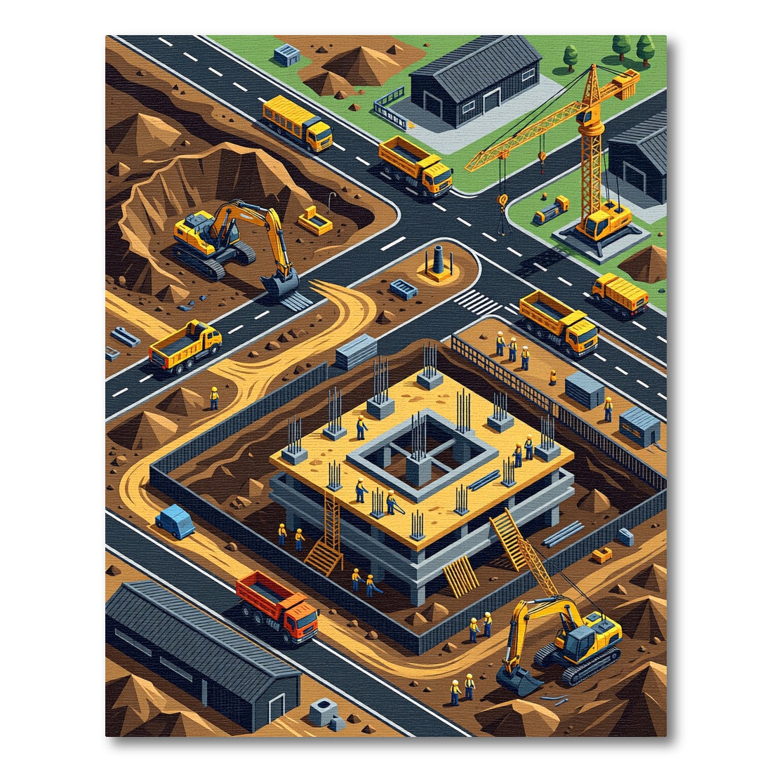 Vibrant Isometric Construction Site Rug