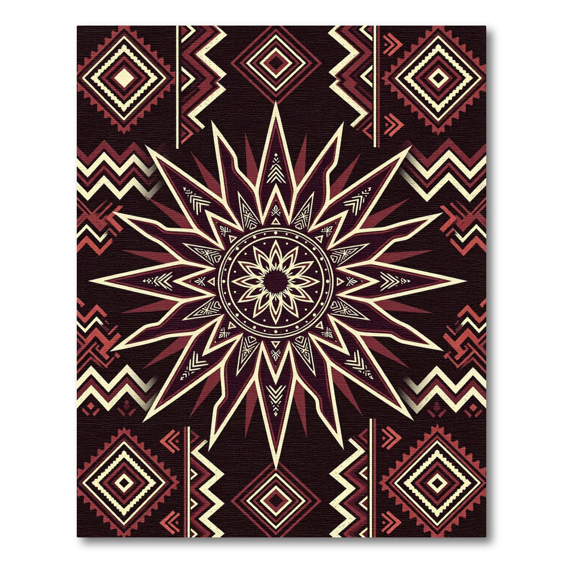 Deep Red Geometric Sunburst Medallion Rug