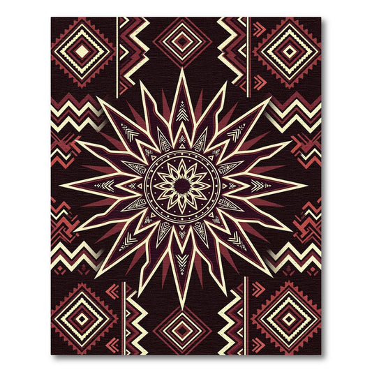 Deep Red Geometric Sunburst Medallion Rug