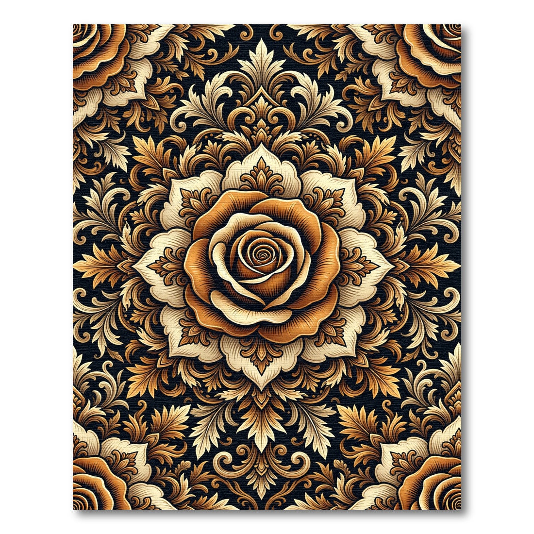 Golden Ochre Floral Damask Mandala Rug