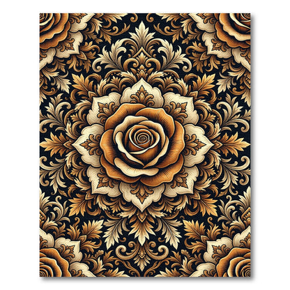 Golden Ochre Floral Damask Mandala Rug