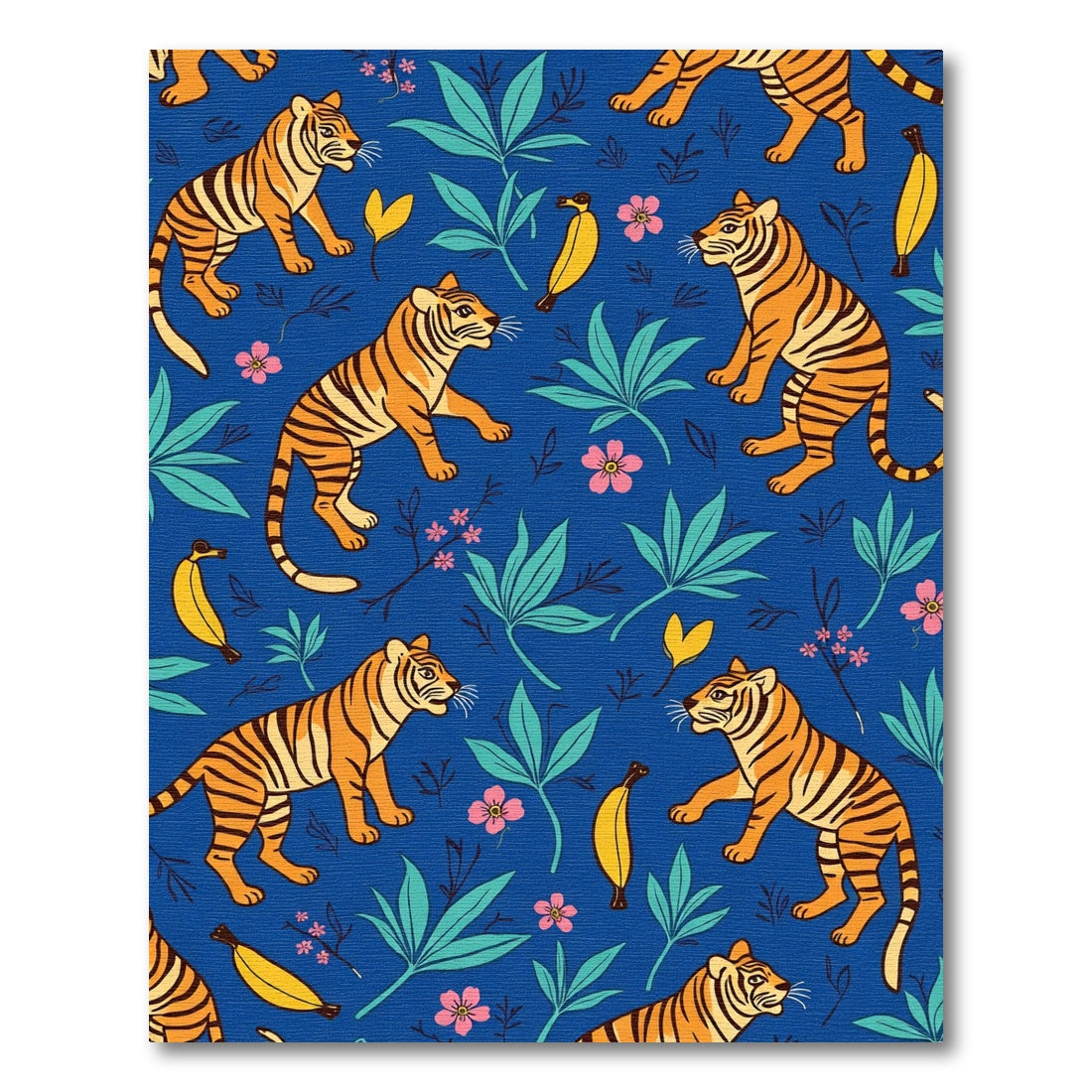 Jungle Tigers Pink Flowers Blue Background Rug