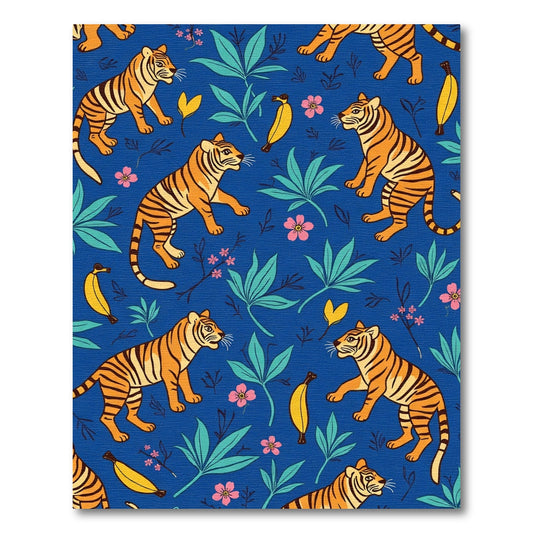 Jungle Tigers Pink Flowers Blue Background Rug