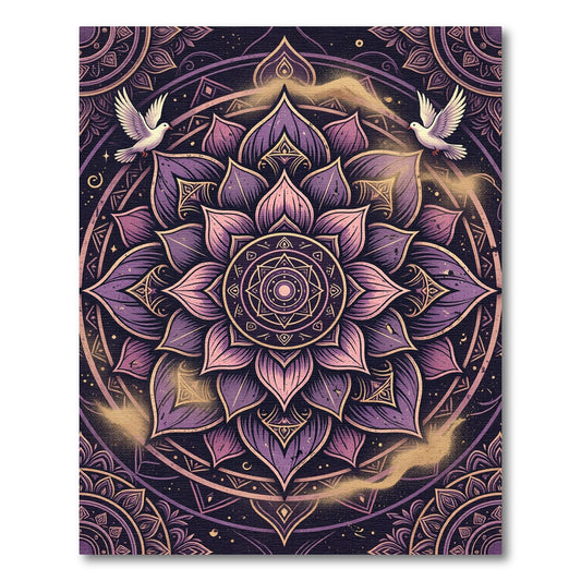 Purple Lotus Mandala with Twin Doves Rug