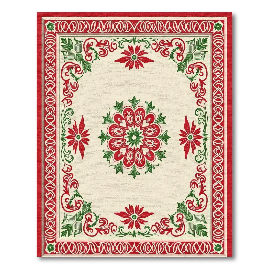 Classic Red Green Floral Mandala Rug