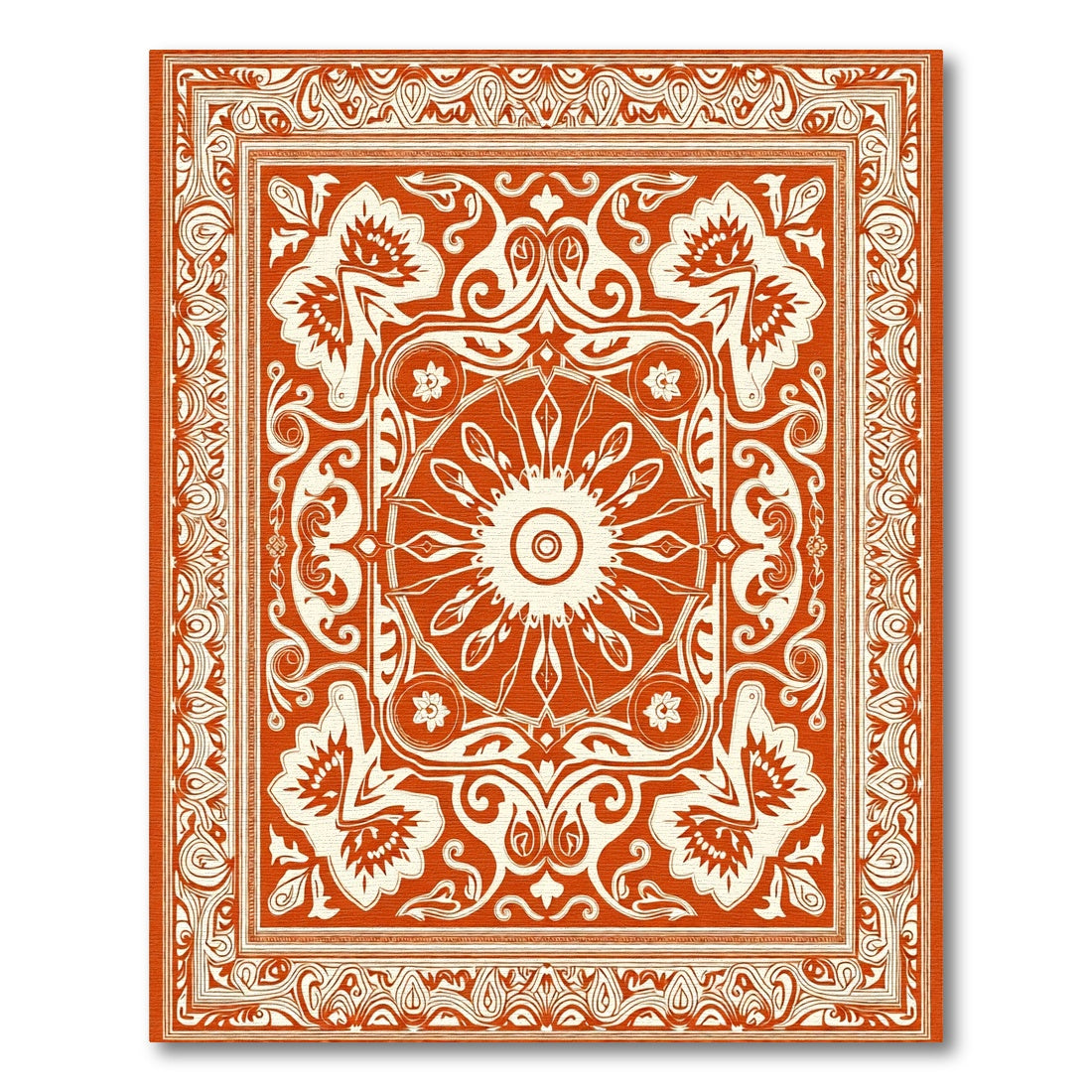 Rustic Orange Floral Medallion Border Rug