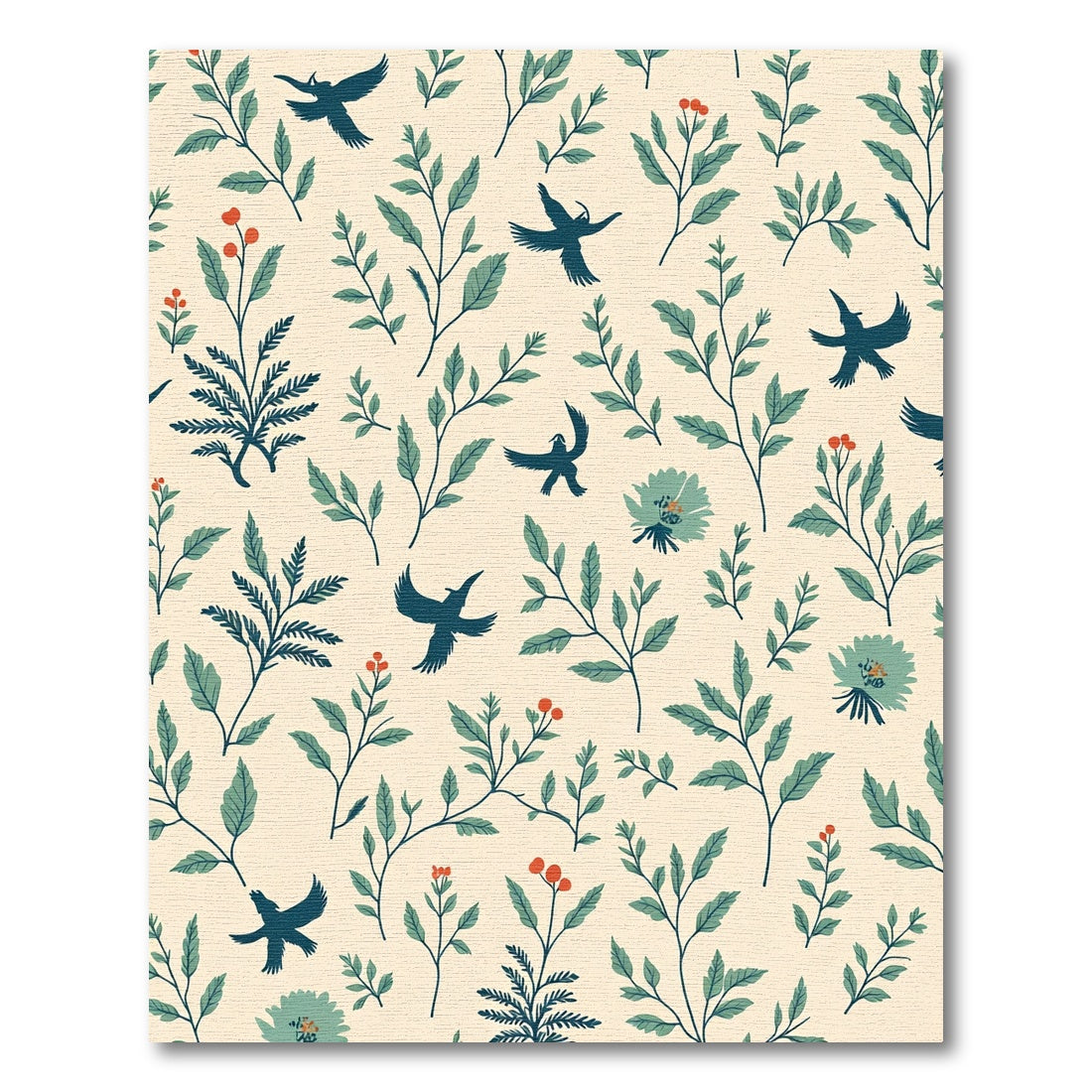 Dark Teal Birds Green Foliage Berries Rug