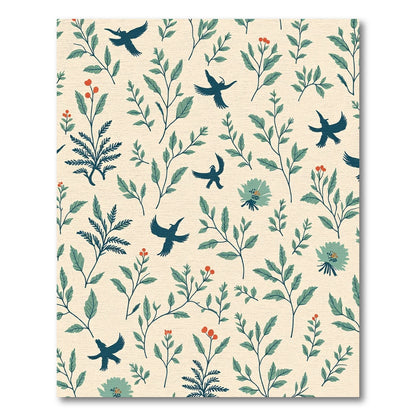 Dark Teal Birds Green Foliage Berries Rug