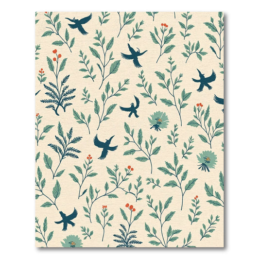 Dark Teal Birds Green Foliage Berries Rug